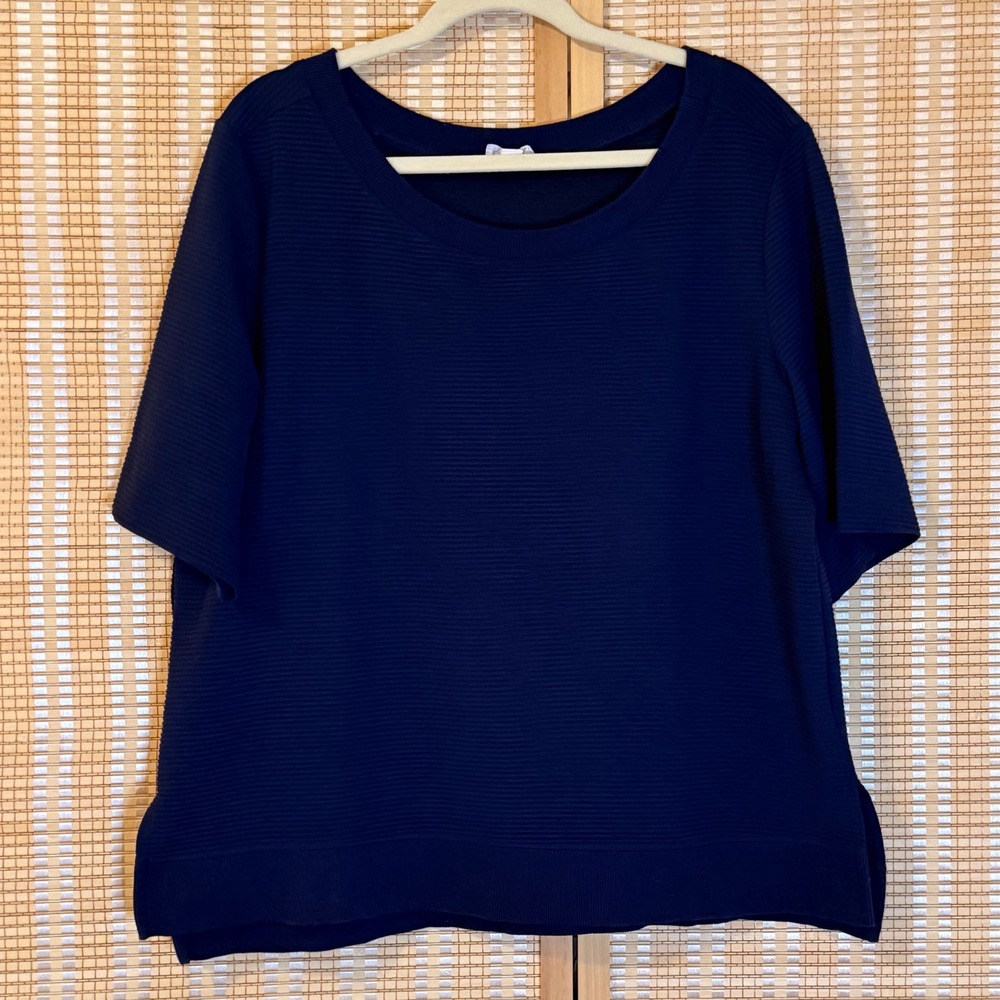 Tribal Jeans Womens Navy Blue Ribbed‎ Short Sleeve Crew Neck Top L Office Resort